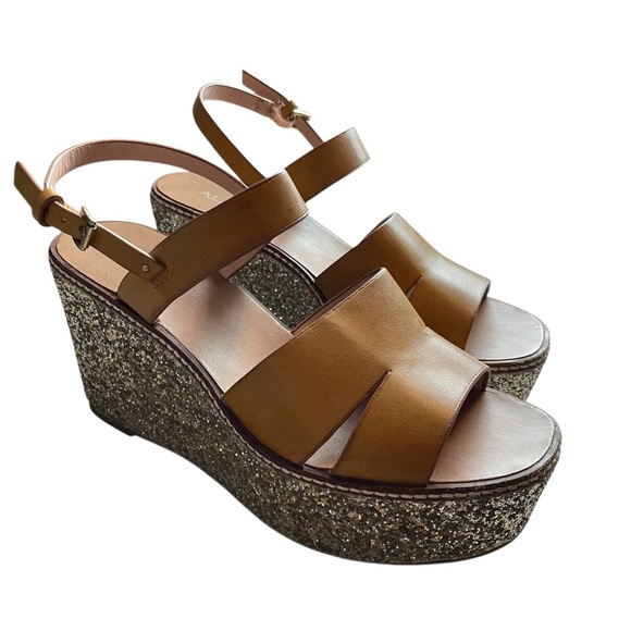 ALDO Gold Glitter Platform Wedge Sandals Ankle Strap Mustard Yellow Sz 10 - Picture 3 of 8